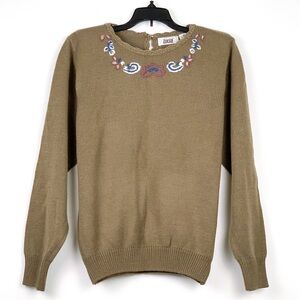 Vintage Lucia embroidered floral sweater taupe with blue & purple flowers medium